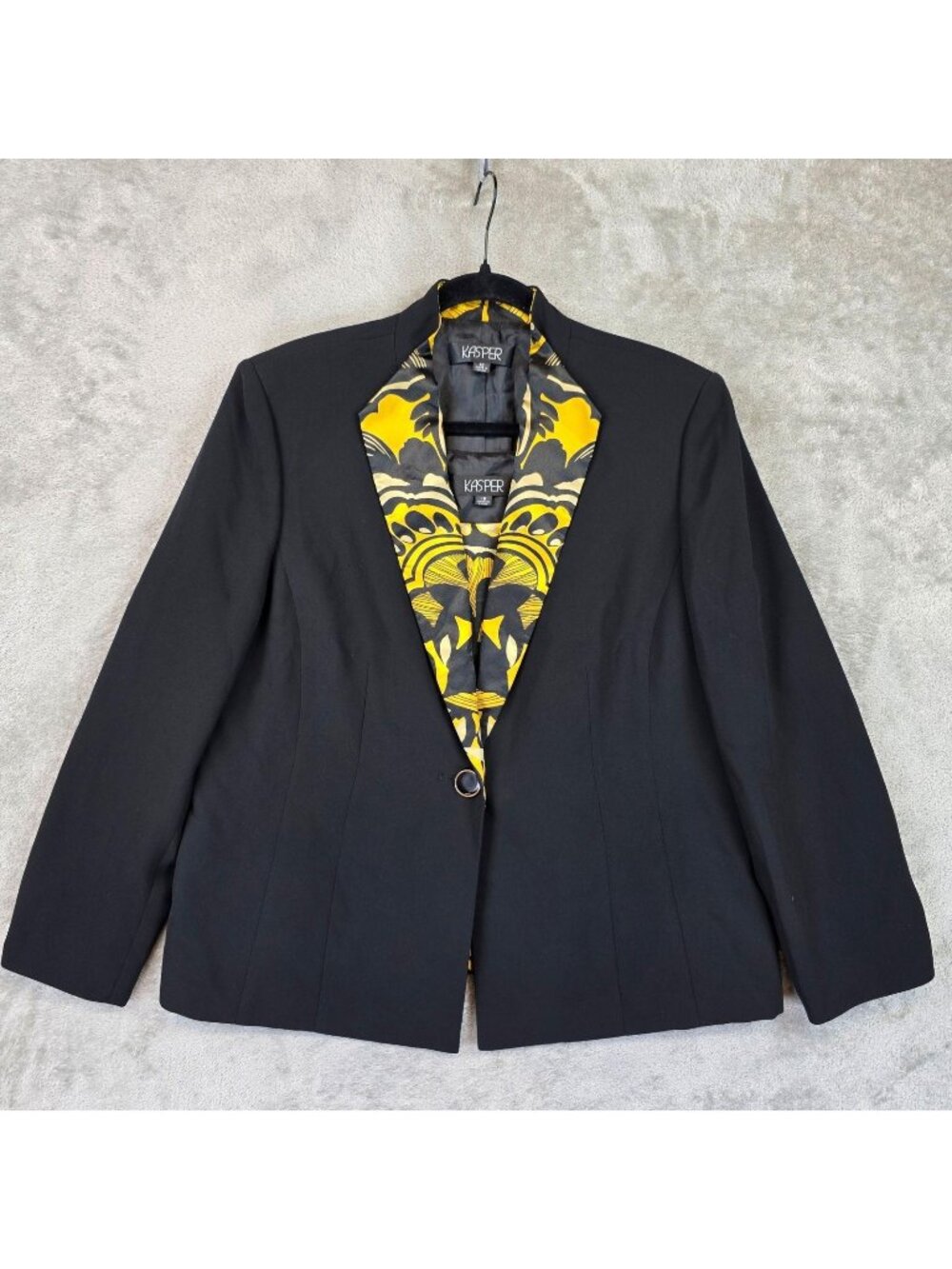 Kasper Suit Set Womens 18 Black Floral Shell Top Shawl Collar Jacket Lined